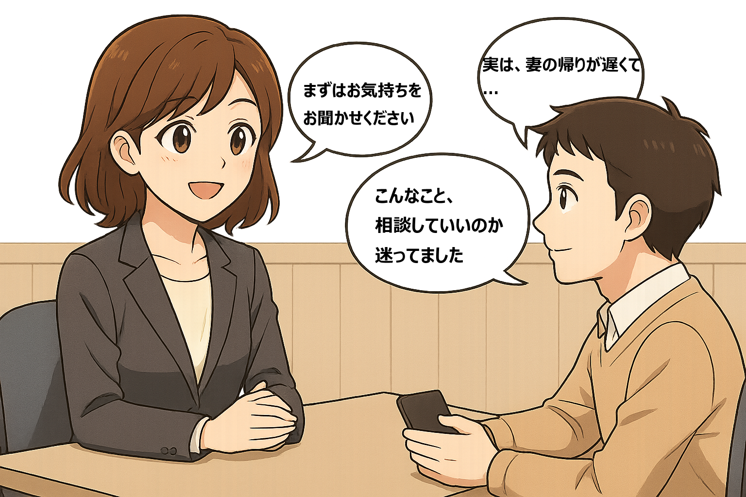 探偵事務所で相談をする男性と、優しく話を聞く女性相談員のイラスト。妻の帰りが遅くて悩む男性が、初めて素行調査を相談している場面。