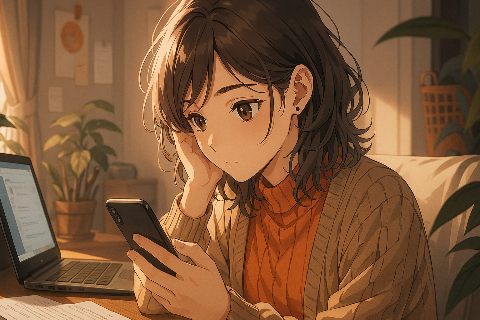 スマホの画面を見つめて相手からの連絡を待ち続ける不安な女性のイラスト。連絡の途絶えや行動の変化に悩む様子が伝わる。