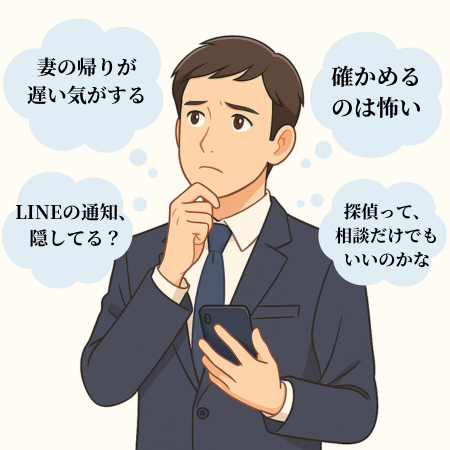 スマートフォンを手に悩むスーツ姿の男性が、「妻の帰りが遅い気がする」「確かめるのは怖い」と迷っているイラスト。