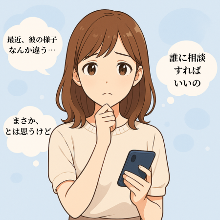 スマホを手にしながら恋人の様子の変化に不安を抱き、誰に相談すればよいか迷っている女性のイラスト